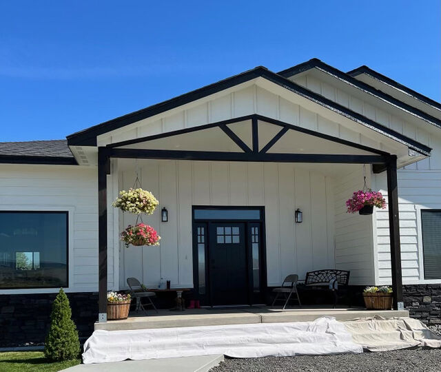 Exterior paint and dark wood-stained beams