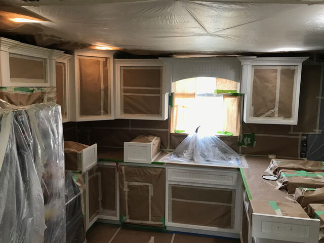 Kitchen cabinet repainting, prep work and masking